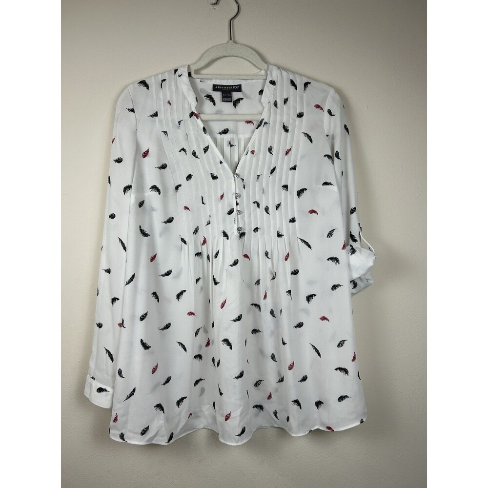 A Pea in the Pod Maternity Blouse S White Feather Print V-Neck Button Pleated